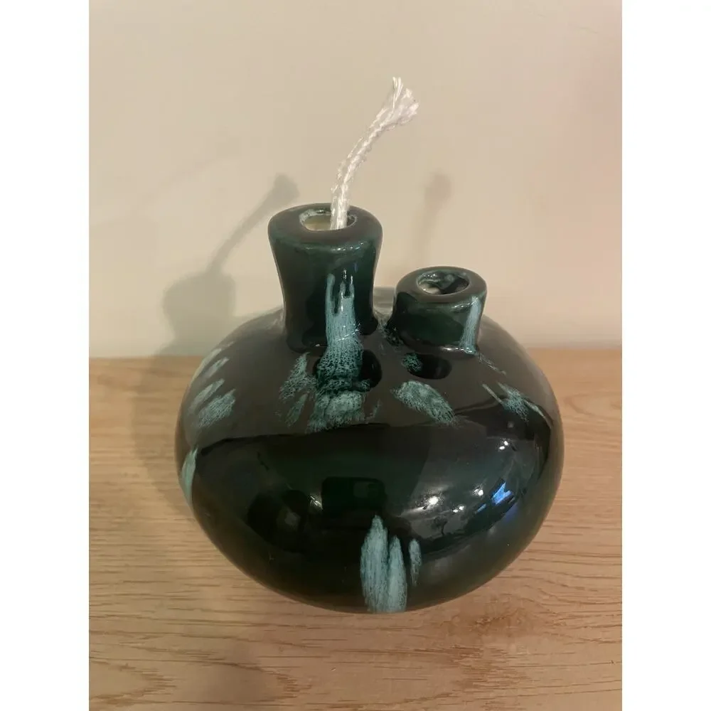 VTG Mary Latterman Double Spout Glazed Pottery Blue Green Oil Lamp w/ Wick
